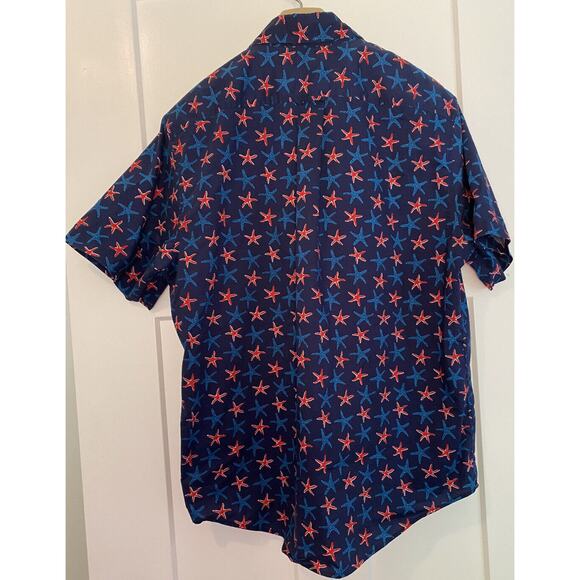 Lands End Button Down Shirt Mens L 16-16 1/2 Red White Blue Starfish shortslve - Picture 2 of 9